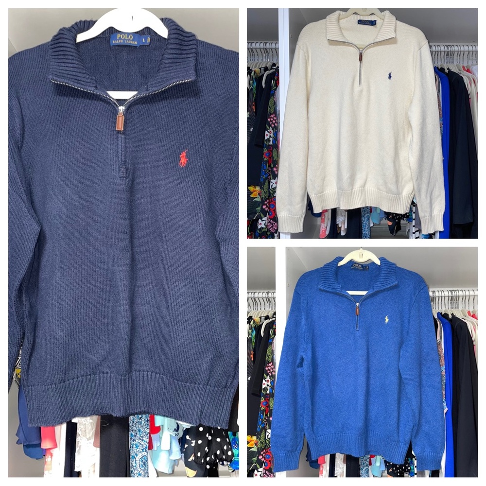 Polo Ralph Lauren Men’s Half Zip Sweaters Size Large Navy Blue Cream Set of 3